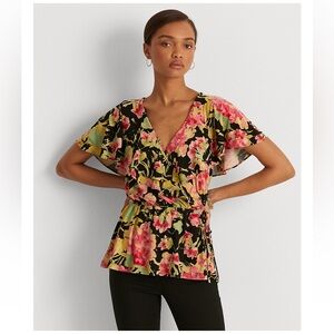 Ralph Lauren Floral Ruffle-Trim Surplice Jersey Top